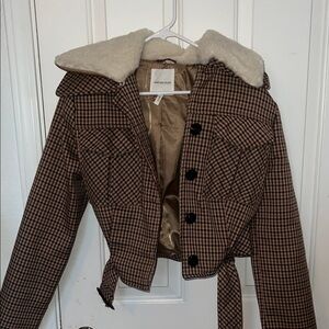 Avec Les Filles Brown Plaid Teddy-Collar Cropped Jacket